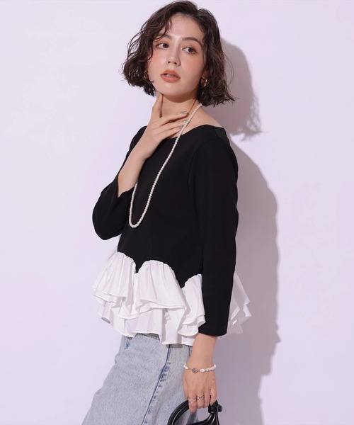 Arpege story(アルページュストーリー)の「裾フリル7分袖カットソー(Tシャツ/カットソー・レディース・ブラック系その他2/ブラック/ホワイト・2)」の3枚目の写真
