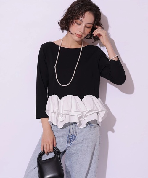 Arpege story(アルページュストーリー)の「裾フリル7分袖カットソー(Tシャツ/カットソー・レディース・ブラック系その他2/ブラック/ホワイト・2)」の18枚目の写真