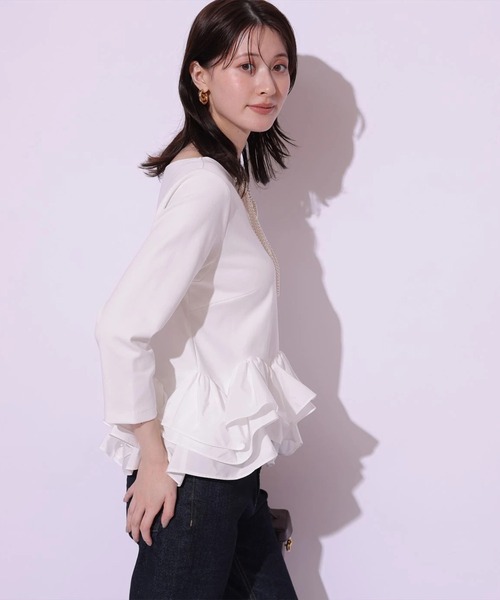 Arpege story(アルページュストーリー)の「裾フリル7分袖カットソー(Tシャツ/カットソー・レディース・ブラック系その他2/ブラック/ホワイト・2)」の14枚目の写真