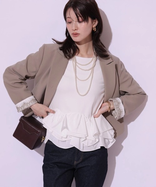 Arpege story(アルページュストーリー)の「裾フリル7分袖カットソー(Tシャツ/カットソー・レディース・ブラック系その他2/ブラック/ホワイト・2)」の7枚目の写真
