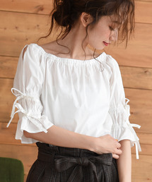 [綿100%]リボンシャーリング・オフショルブラウス