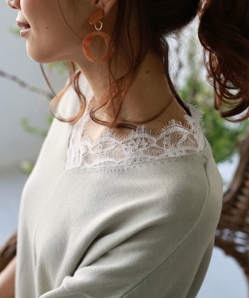 REAL CUBE（リアルキューブ）の「REAL CUBE ダブルレースVネックニット（ニット/セーター・レディース・ミント/オフホワイト/ネイビー/グレー/ライム・36/38/40）」の7枚目の写真