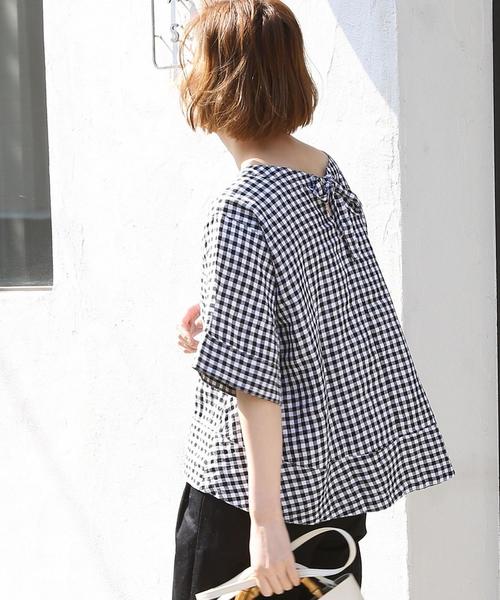 coen（コーエン）の「【WEB限定復刻】フレンチリネンバックリボンブラウス（シャツ/ブラウス・レディース・チェック/ネイビー/ブラック・FREE）」の3枚目の写真