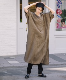 Munich | 60sフレンチリネンヘンリーネックリラックスワンピース(リゾートマキシワンピース)(ワンピース)