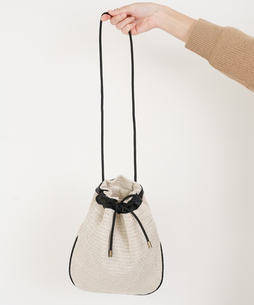 select MOCA（セレクトモカ）の「ジャガード巾着バック/コットンブレンドショルダーバック（ショルダーバッグ・レディース・ブラック/ベージュ・FREE）」の2枚目の写真