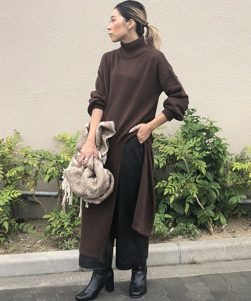 Willful by lipstar(ウィルフル バイ リップスター)の「【Willful by lipstar】9Gスリットニットワンピース(ワンピース)」|ブラウン