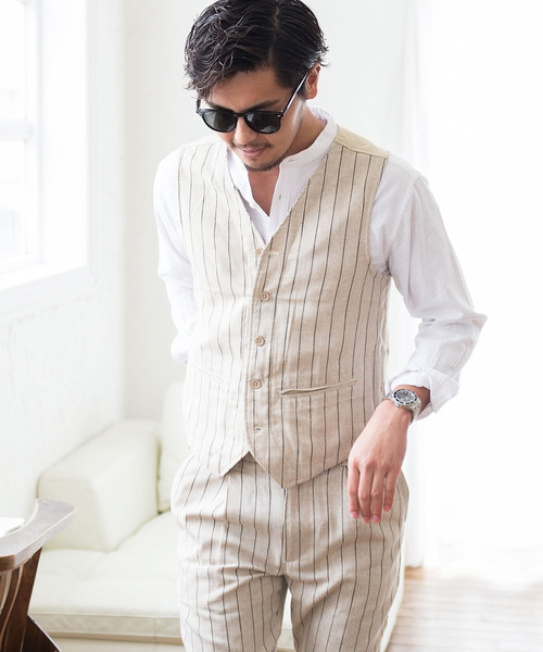 CavariA（キャバリア）の「『CavariA/キャバリア』綿麻ストライプ柄ボタンベスト（ベスト・メンズ・オフホワイト/ネイビー/ベージュ・L/M）」の11枚目の写真