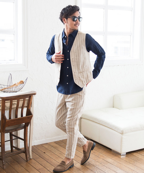 CavariA（キャバリア）の「『CavariA/キャバリア』綿麻ストライプ柄ボタンベスト（ベスト・メンズ・オフホワイト/ネイビー/ベージュ・L/M）」の9枚目の写真