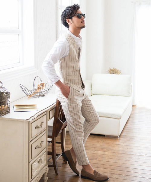 CavariA（キャバリア）の「『CavariA/キャバリア』綿麻ストライプ柄ボタンベスト（ベスト・メンズ・オフホワイト/ネイビー/ベージュ・L/M）」の12枚目の写真