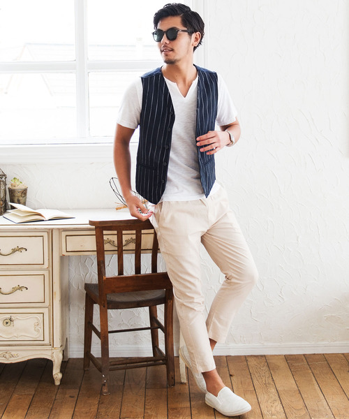 CavariA（キャバリア）の「『CavariA/キャバリア』綿麻ストライプ柄ボタンベスト（ベスト・メンズ・オフホワイト/ネイビー/ベージュ・L/M）」の14枚目の写真