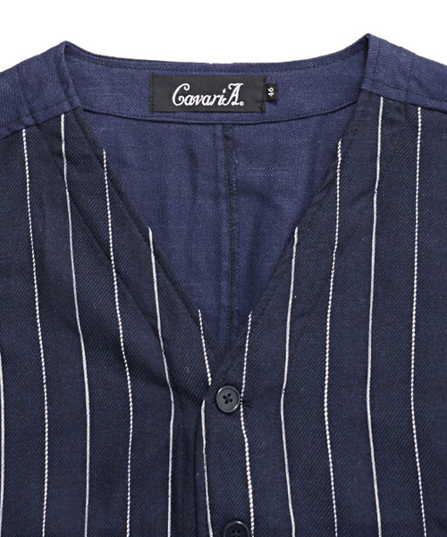 CavariA（キャバリア）の「『CavariA/キャバリア』綿麻ストライプ柄ボタンベスト（ベスト・メンズ・オフホワイト/ネイビー/ベージュ・L/M）」の20枚目の写真
