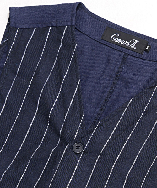 CavariA（キャバリア）の「『CavariA/キャバリア』綿麻ストライプ柄ボタンベスト（ベスト・メンズ・オフホワイト/ネイビー/ベージュ・L/M）」の22枚目の写真