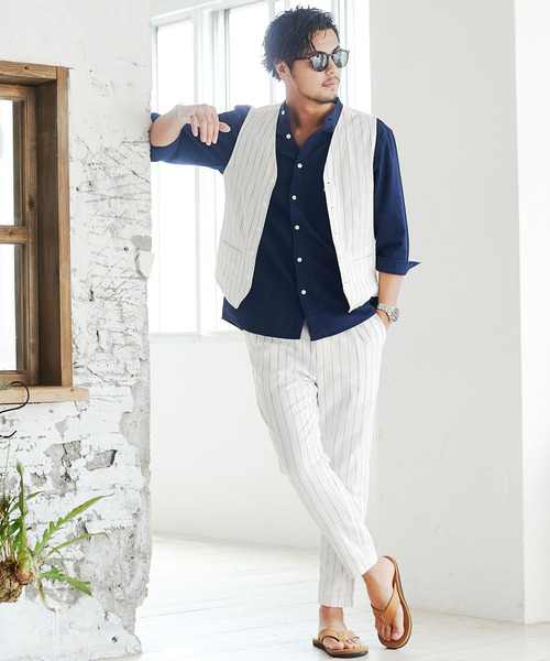 CavariA（キャバリア）の「『CavariA/キャバリア』綿麻ストライプ柄ボタンベスト（ベスト・メンズ・オフホワイト/ネイビー/ベージュ・L/M）」の7枚目の写真