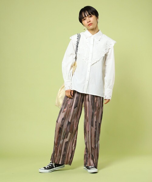 FREAK'S STORE（フリークスストア）の「セルフカット柄プリーツパンツ（スラックス・レディース・ブラウン/オリーブ・ﾌﾘ-）」の5枚目の写真