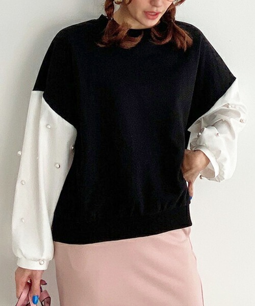 M y u（ミュー）の「袖シャツパールドッキング裏毛TOPS（スウェット・レディース・ブラック/アイボリー・FREE）」の2枚目の写真