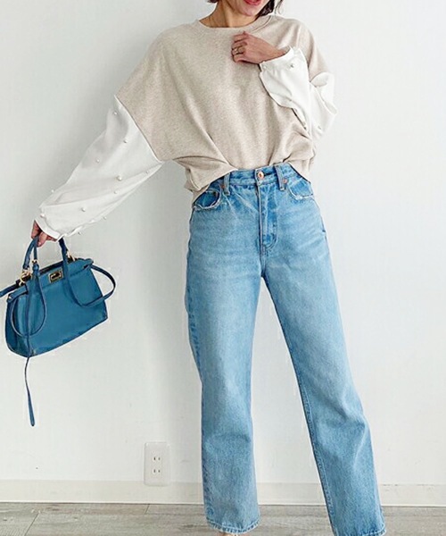 M y u（ミュー）の「袖シャツパールドッキング裏毛TOPS（スウェット・レディース・ブラック/アイボリー・FREE）」の12枚目の写真