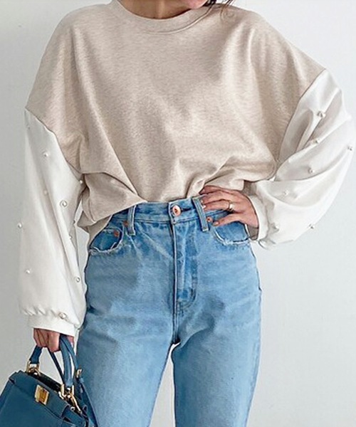 M y u（ミュー）の「袖シャツパールドッキング裏毛TOPS（スウェット・レディース・ブラック/アイボリー・FREE）」の10枚目の写真