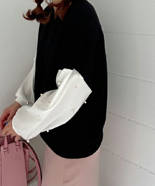 M y u（ミュー）の「袖シャツパールドッキング裏毛TOPS（スウェット・レディース・ブラック/アイボリー・FREE）」の7枚目の写真