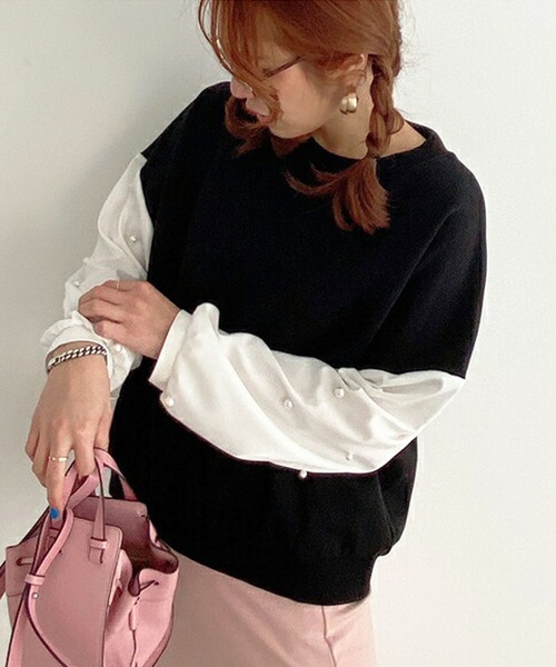 M y u（ミュー）の「袖シャツパールドッキング裏毛TOPS（スウェット・レディース・ブラック/アイボリー・FREE）」の13枚目の写真