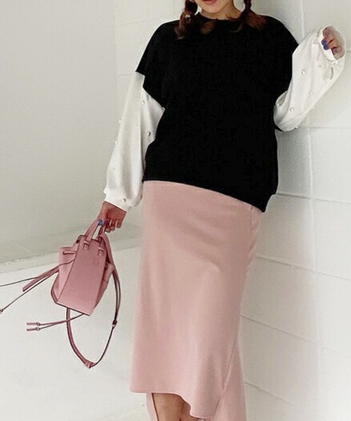 M y u（ミュー）の「袖シャツパールドッキング裏毛TOPS（スウェット・レディース・ブラック/アイボリー・FREE）」の14枚目の写真