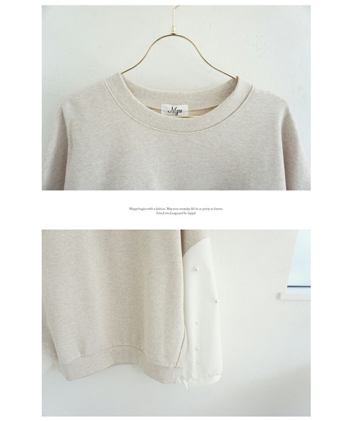 M y u（ミュー）の「袖シャツパールドッキング裏毛TOPS（スウェット・レディース・ブラック/アイボリー・FREE）」の9枚目の写真