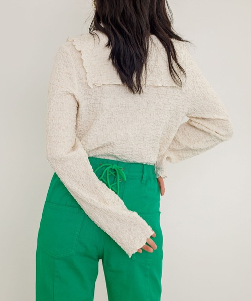 w closet（ダブルクローゼット）の「しわしわカットソーロングスリーブオープンカラーシャツ（シャツ/ブラウス・レディース・オフホワイト/グリーン/ブラック・FREE）」の6枚目の写真