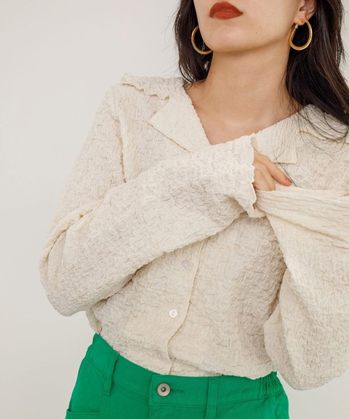 w closet（ダブルクローゼット）の「しわしわカットソーロングスリーブオープンカラーシャツ（シャツ/ブラウス・レディース・オフホワイト/グリーン/ブラック・FREE）」の15枚目の写真