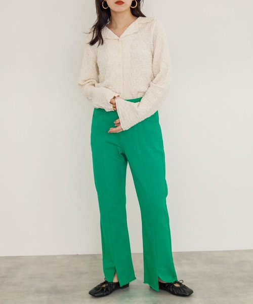 w closet（ダブルクローゼット）の「しわしわカットソーロングスリーブオープンカラーシャツ（シャツ/ブラウス・レディース・オフホワイト/グリーン/ブラック・FREE）」の5枚目の写真