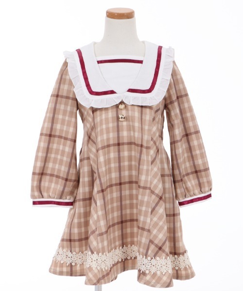 axes femme（アクシーズファム）の「刺繍襟チェック柄セーラーＯＰ（ワンピース・キッズ・ベージュ/ネイビー・MEDIUM/LARGE/X-LARGE/XX-LARGE/SMALL）」の5枚目の写真