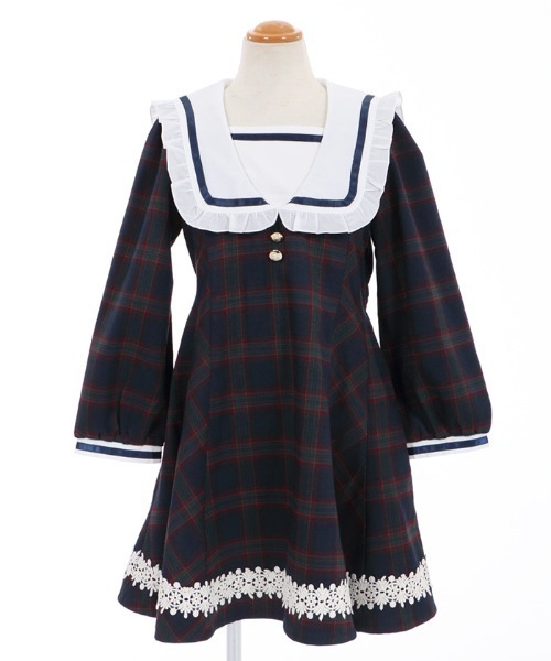 axes femme（アクシーズファム）の「刺繍襟チェック柄セーラーＯＰ（ワンピース・キッズ・ベージュ/ネイビー・MEDIUM/LARGE/X-LARGE/XX-LARGE/SMALL）」の16枚目の写真