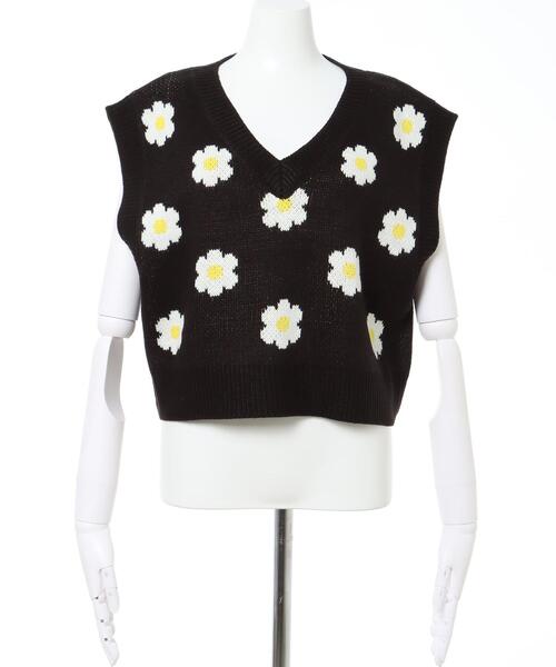INGNI（イング）の「デイジー柄ニットベスト（ニット/セーター・レディース・ブラック/アイボリー/ブルー・M）」の4枚目の写真