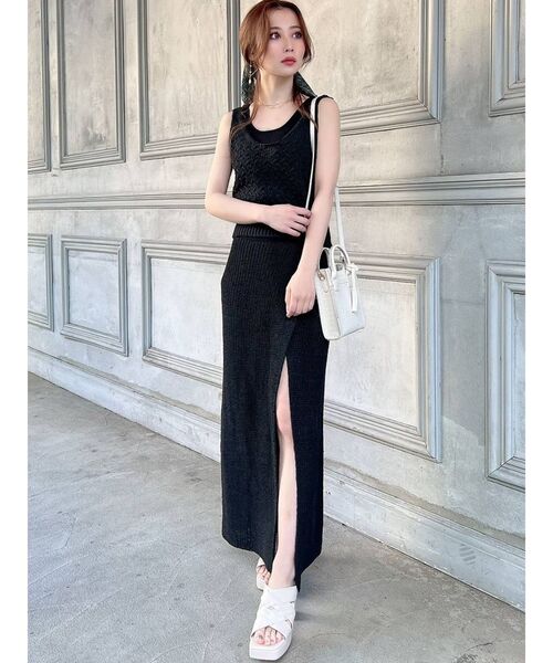 セール】ディープスリットロングニットスカート【セットアップ着用可能