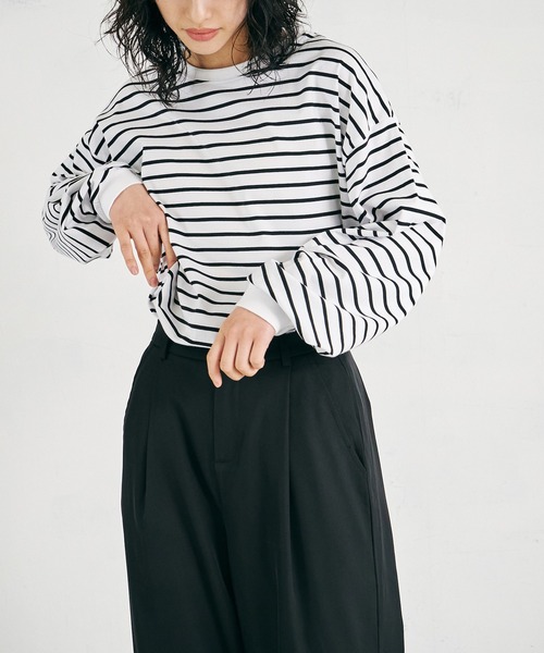 4youstory（フォーユーストーリー）の「【4youstory】天竺ボーダービッグTシャツ（Tシャツ/カットソー・レディース・ブラック/ブルー/グリーン・FREE）」の2枚目の写真
