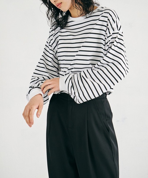 4youstory（フォーユーストーリー）の「【4youstory】天竺ボーダービッグTシャツ（Tシャツ/カットソー・レディース・ブラック/ブルー/グリーン・FREE）」の7枚目の写真