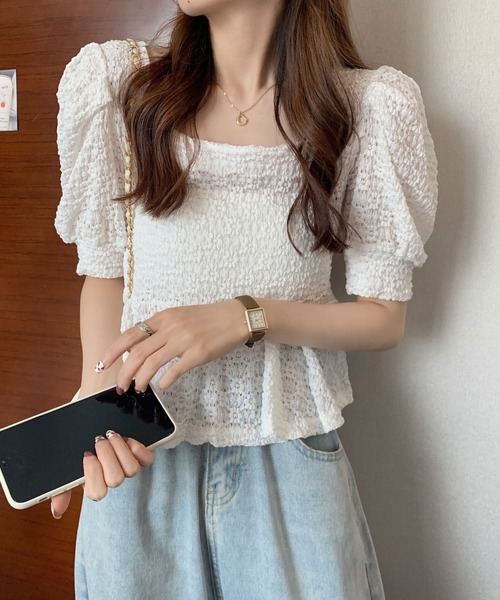 ibeul_（イベール）の「レースフレア コンパクトパフスリーブトップス（Tシャツ/カットソー・レディース・ホワイト/ライム/ブルー/アイボリー・FREE）」の2枚目の写真