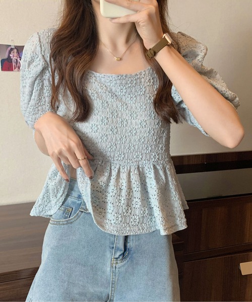 ibeul_（イベール）の「レースフレア コンパクトパフスリーブトップス（Tシャツ/カットソー・レディース・ホワイト/ライム/ブルー/アイボリー・FREE）」の9枚目の写真