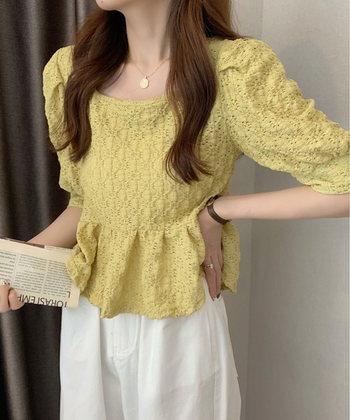 ibeul_（イベール）の「レースフレア コンパクトパフスリーブトップス（Tシャツ/カットソー・レディース・ホワイト/ライム/ブルー/アイボリー・FREE）」の7枚目の写真