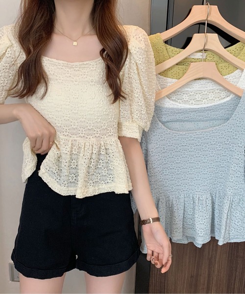 ibeul_（イベール）の「レースフレア コンパクトパフスリーブトップス（Tシャツ/カットソー・レディース・ホワイト/ライム/ブルー/アイボリー・FREE）」の11枚目の写真