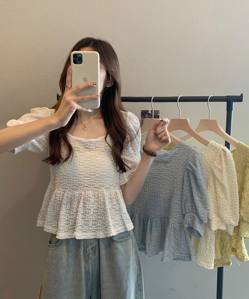 ibeul_（イベール）の「レースフレア コンパクトパフスリーブトップス（Tシャツ/カットソー・レディース・ホワイト/ライム/ブルー/アイボリー・FREE）」の15枚目の写真