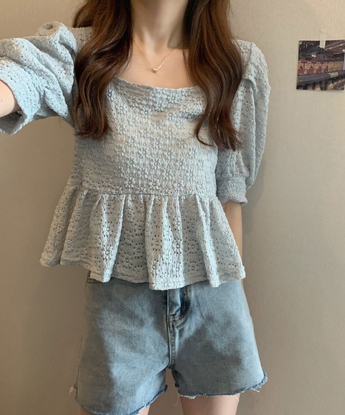 ibeul_（イベール）の「レースフレア コンパクトパフスリーブトップス（Tシャツ/カットソー・レディース・ホワイト/ライム/ブルー/アイボリー・FREE）」の17枚目の写真