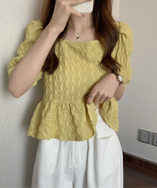 ibeul_（イベール）の「レースフレア コンパクトパフスリーブトップス（Tシャツ/カットソー・レディース・ホワイト/ライム/ブルー/アイボリー・FREE）」の5枚目の写真