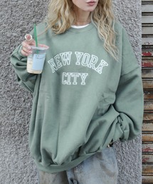 【hideka select】裏起毛 NEW YORKロゴスウェット / オーバーサイズ スウェット ロゴ トレーナー グリーン グレー アイボリー 秋服 冬服 長袖 裏起毛 韓国 ノームコア カジュアル