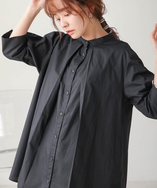 Bab(バブ)の「コットンブロードランタンスリーブブラウス(シャツ/ブラウス・レディース・ブラック/オフホワイト/グリーン・M)」の5枚目の写真