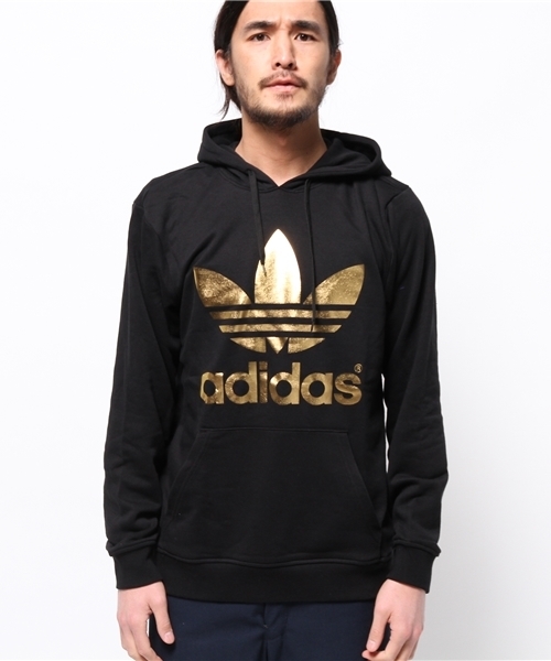 adidas(アディダス)の「メンズ アディダス 黒金 フーディ パーカー adidas FOIL HOODIE(パーカー・メンズ・ブラック・MEDIUM/X-LARGE/LARGE)」の8枚目の写真