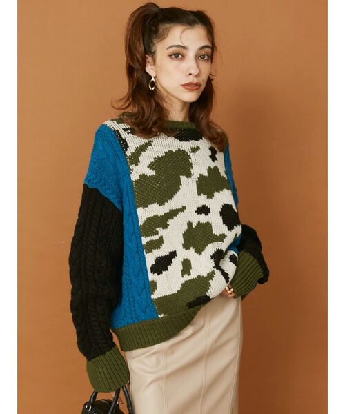 EVRIS（エヴリス）の「2WAYジャガードケーブルコンビニット（ニット/セーター・レディース・ブラック/カーキ・FREE）」の9枚目の写真