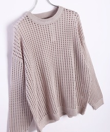 麻タッチ 透かし編み ニット 長袖 オーバーサイズクルー ロング丈