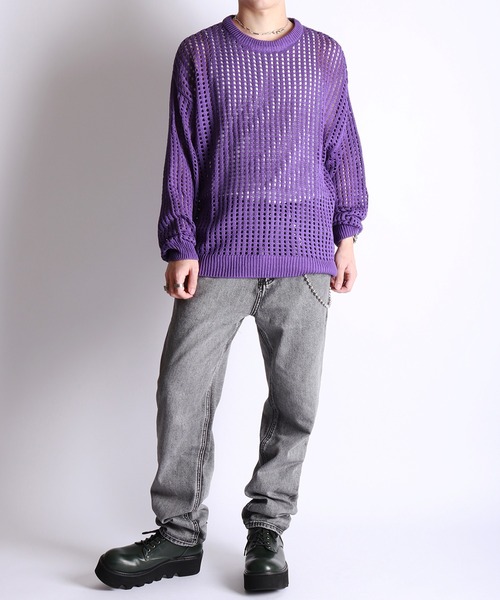 セール】麻タッチ 透かし編み ニット 長袖 オーバーサイズクルー