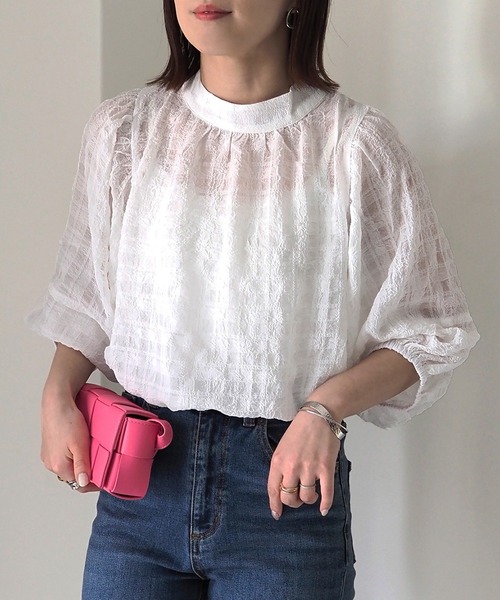 Riberry(リベリー)の「シアーチェックボリューム袖ブラウス(シャツ/ブラウス・レディース・ネイビー/オフホワイト・MEDIUM)」の3枚目の写真
