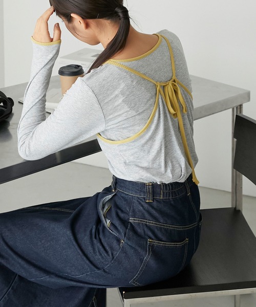 forksy.（フォルクシー）の「【forksy.】リブバイカラーデザインホルターネックキャミセットプルオーバー（Tシャツ/カットソー・レディース・グレー/アイボリー/ブラック・FREE）」の3枚目の写真