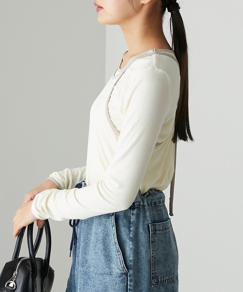 forksy.（フォルクシー）の「【forksy.】リブバイカラーデザインホルターネックキャミセットプルオーバー（Tシャツ/カットソー・レディース・グレー/アイボリー/ブラック・FREE）」の6枚目の写真
